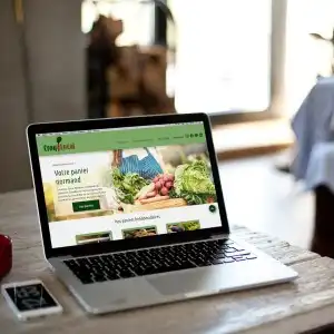 Photo d'un ordinateur présentant un site internet posé sur une table basse